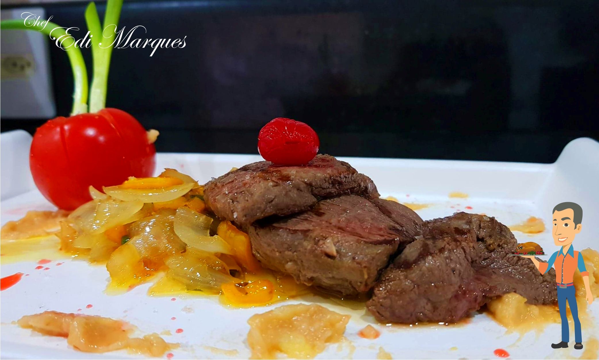 Escalope de filé mignon com cebolas no licor de cereja